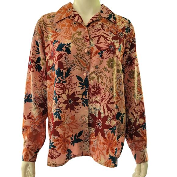Vintage Tops - VINTAGE 1980s Claudia Richard lightweight bright happy disco floral blouse Lrg